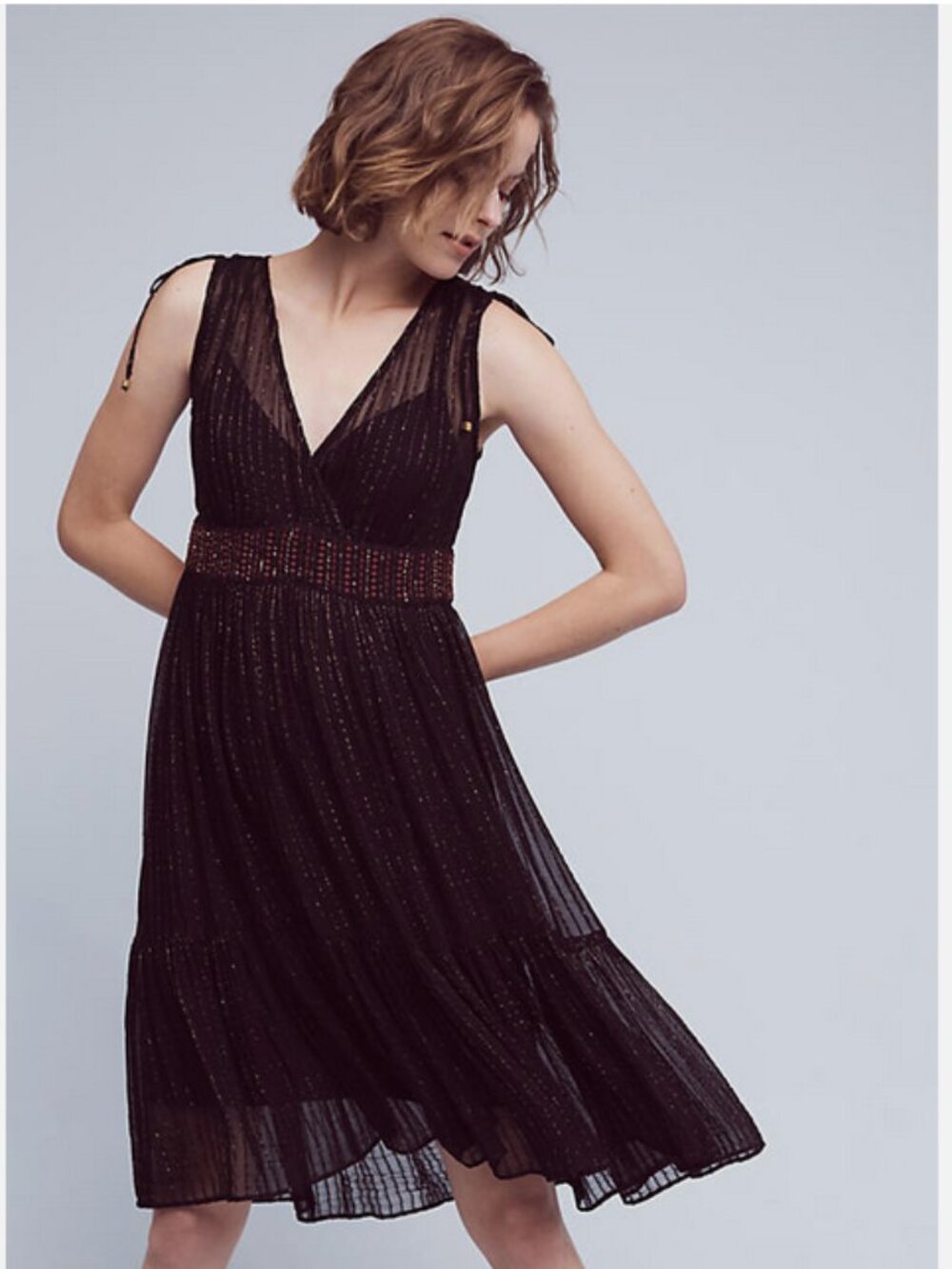 Anthropologie Floreat Annecy Dress Black with Gold Pinstripes Sz 4